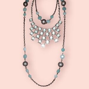 Two pale blue beaded fashion necklaces silvertone and gunmetal